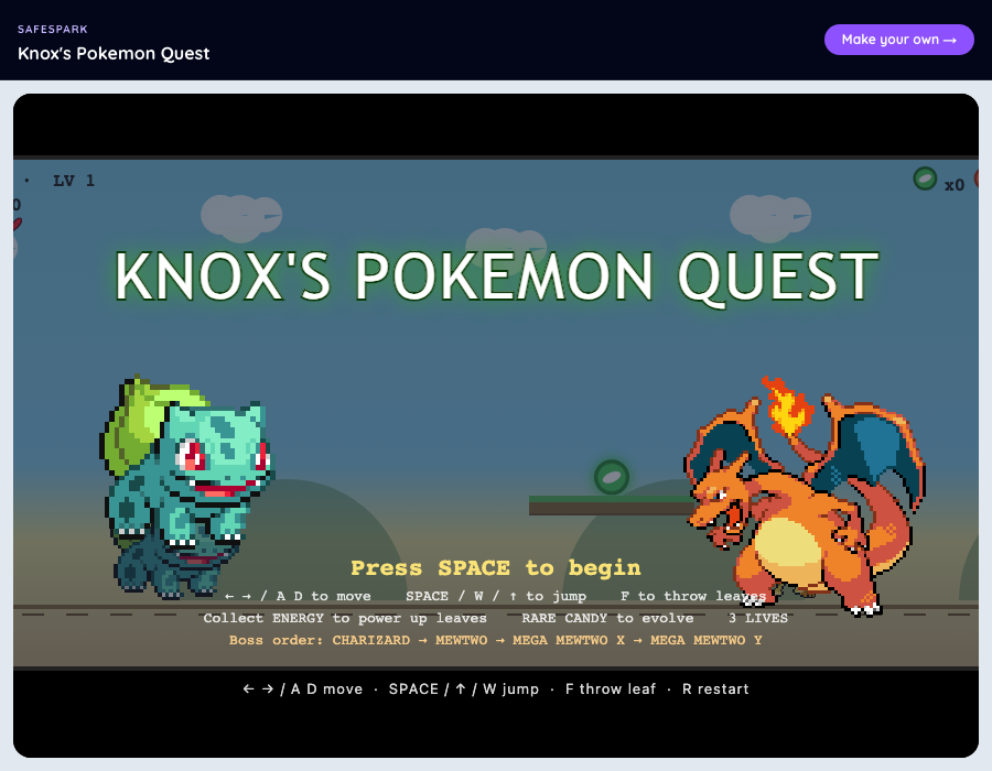 Knox's Pokemon Quest game running on a SafeSpark share link
